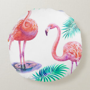 Tropical Flamingos: Orchids Watercolor Seamless. Round Cushion