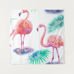 Tropical Flamingos: Orchids Watercolor Seamless. Tapestry