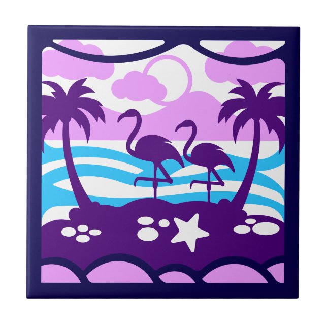 Tropical Flamingos Purple Palm Trees Pink Clouds Ceramic Tile (Front)