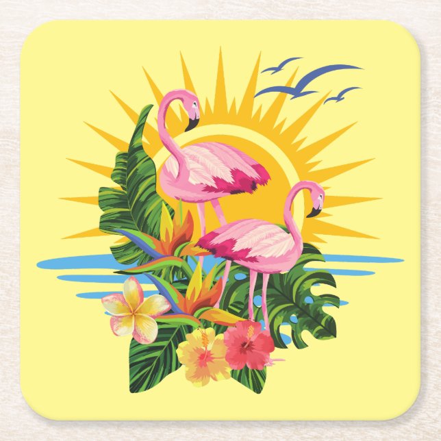 Tropical Flamingos Sunshine and Flowers Square Paper Coaster (Front)