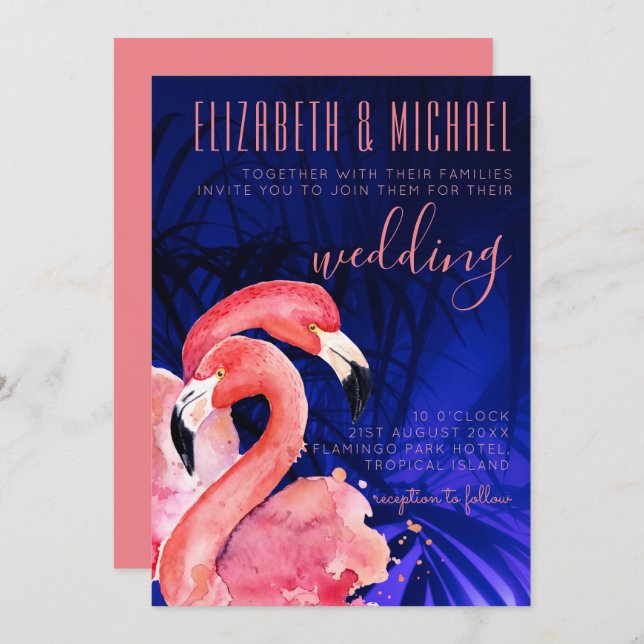 Tropical Flamingos Wedding Invitation Pink Blue (Front/Back)