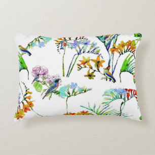 Tropical flora fauna bird and flower white decorative cushion