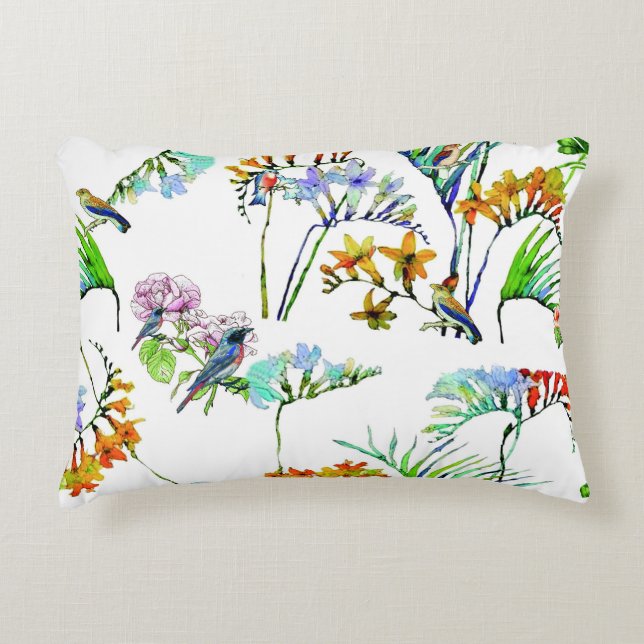 Tropical flora fauna bird and flower white decorative cushion (Front)