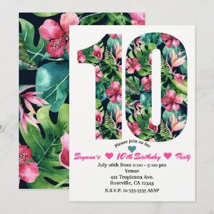 Tropical Floral 10 10th Birthday Party Invitations