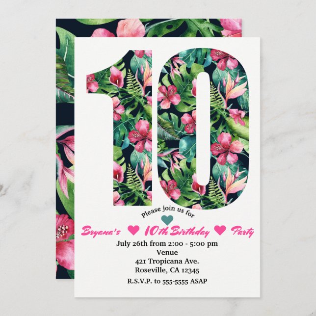 Tropical Floral 10 10th Birthday Party Invitations (Front/Back)