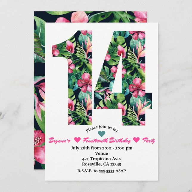 Tropical Floral 14 14th Birthday Party Invitation (Front/Back)
