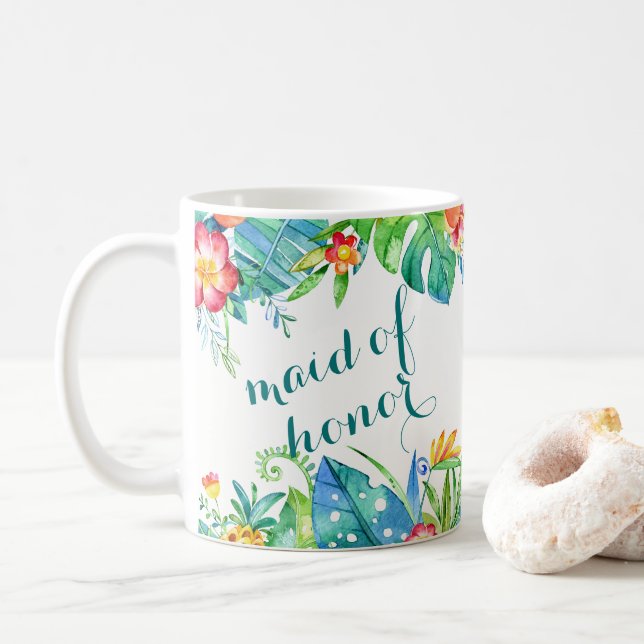 Tropical Floral 2-sided Custom Maid of Honour Coffee Mug (With Donut)
