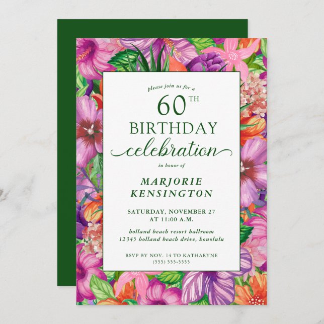 Tropical Floral 60th Birthday Party Invitation (Front/Back)