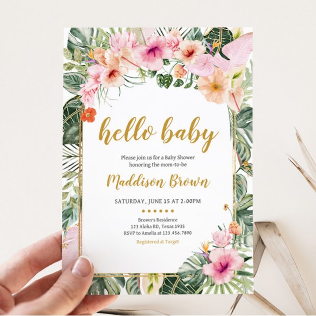 Tropical Floral Aloha Baby Shower  Invitation (Girl Hawaiian Baby Shower Invitation)