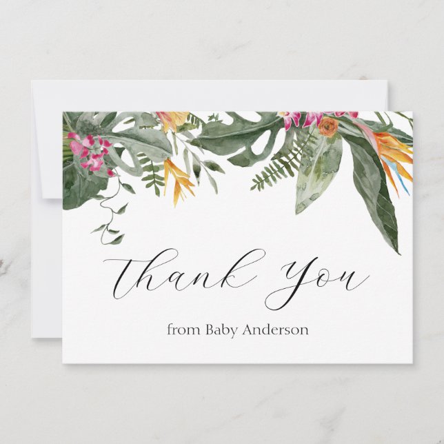 Tropical Floral Aloha Baby Shower Thank You Card (Front)