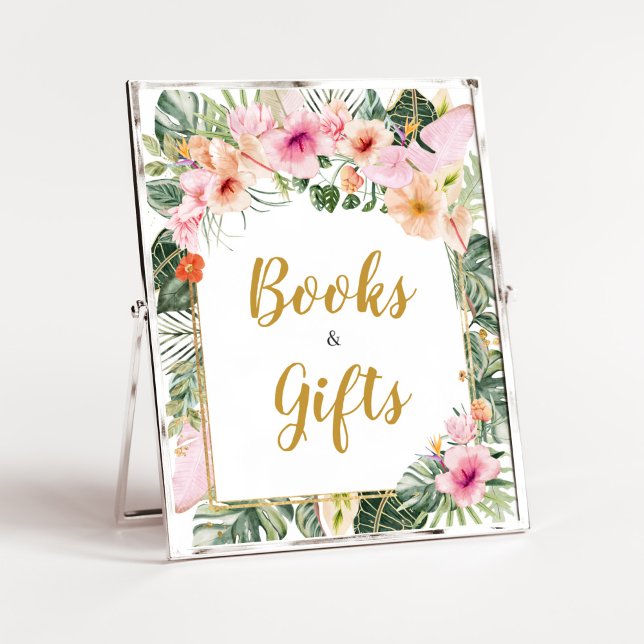 Tropical Floral Aloha Books and Gifts Poster (Girl Hawaiian Baby Shower Books and Gifts Sign)