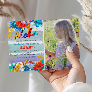 Tropical Floral Aloha Luau Photo Birthday Party Invitation