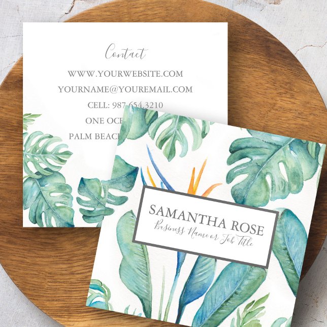 Tropical Floral and Monstera Leaf Square Business Card (Creator Uploaded)