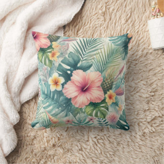 Tropical Floral and Palm Leaves Cushion
