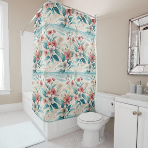 Tropical Floral Aqua Coral Coastal Elegance Design Shower Curtain