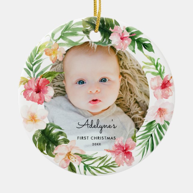 Tropical Floral Baby Photo Ornament (Front)