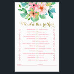 Tropical floral beach bridal shower Game Flyer<br><div class="desc">Who knows the Bride best Bridal "Would she rather" shower game. Tropical Floral Beach design.</div>