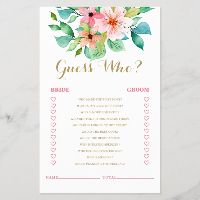 Tropical floral beach bridal shower Game Flyer (Front)