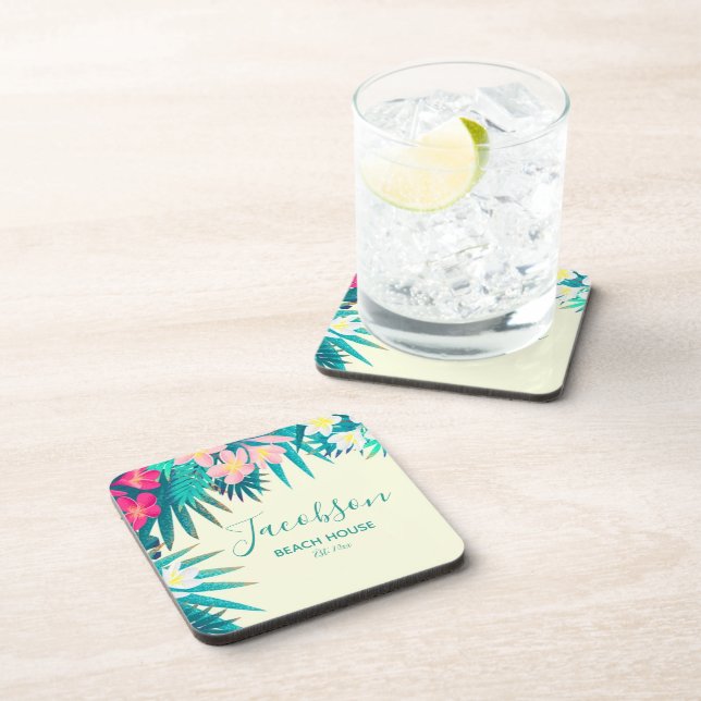 Tropical Floral Beach House Family Summer Vacation Coaster (Right Side)