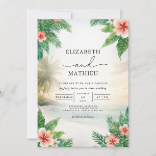 Tropical Floral Beach Scene Wedding Invitation