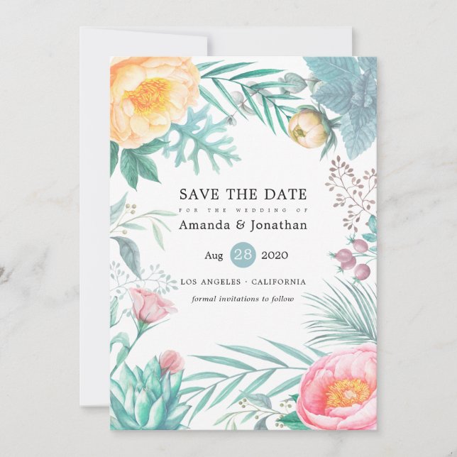 Tropical Floral Beach Summer Wedding Save The Date (Front)