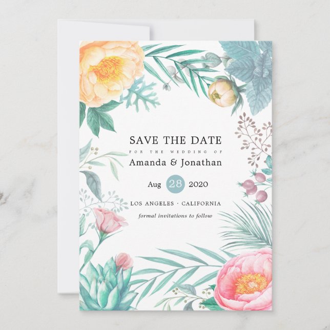 Tropical Floral Beach Summer Wedding Save The Date (Front)