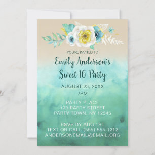 Tropical Floral Beach Theme Sweet 16 Birthday Invitation