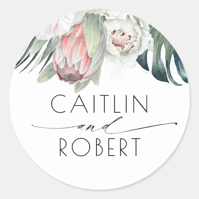 Tropical Floral Beach Wedding Classic Round Sticker (Front)
