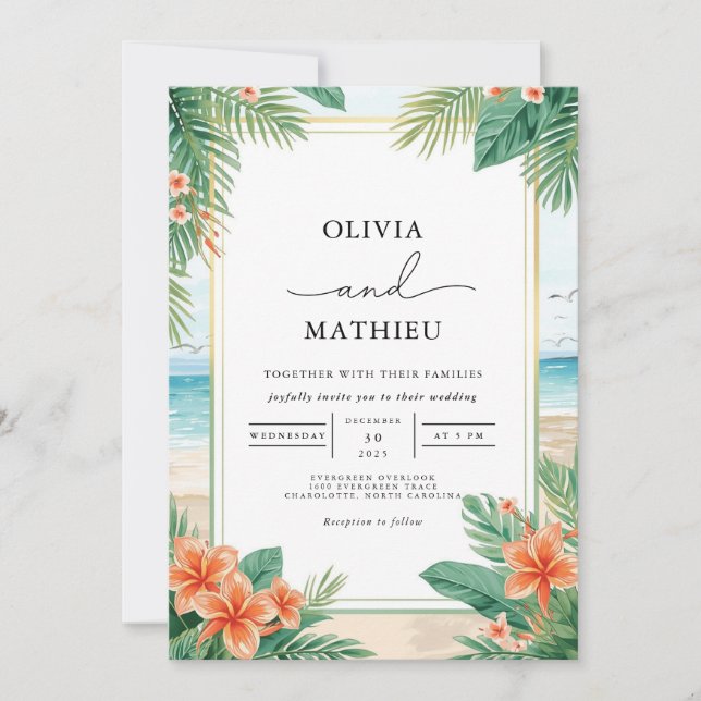 Tropical Floral Beach Wedding Invitation (Front)