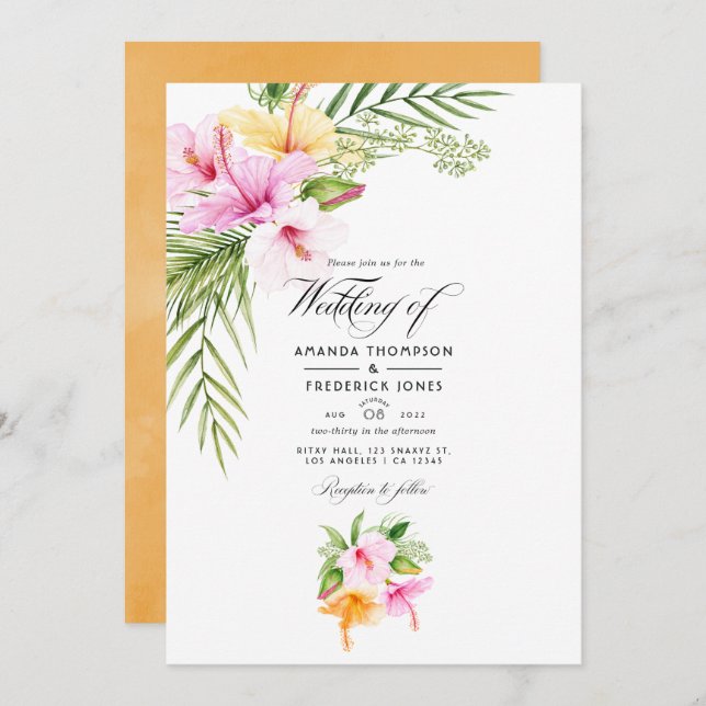 Tropical Floral Beach Wedding Photo Invitation (Front/Back)
