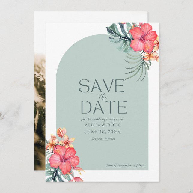 Tropical Floral Beach Wedding Photo Save the Date  (Front/Back)