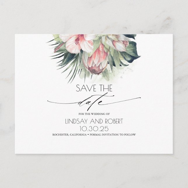Tropical Floral Beach Wedding Save the Date Announcement Postcard (Front)