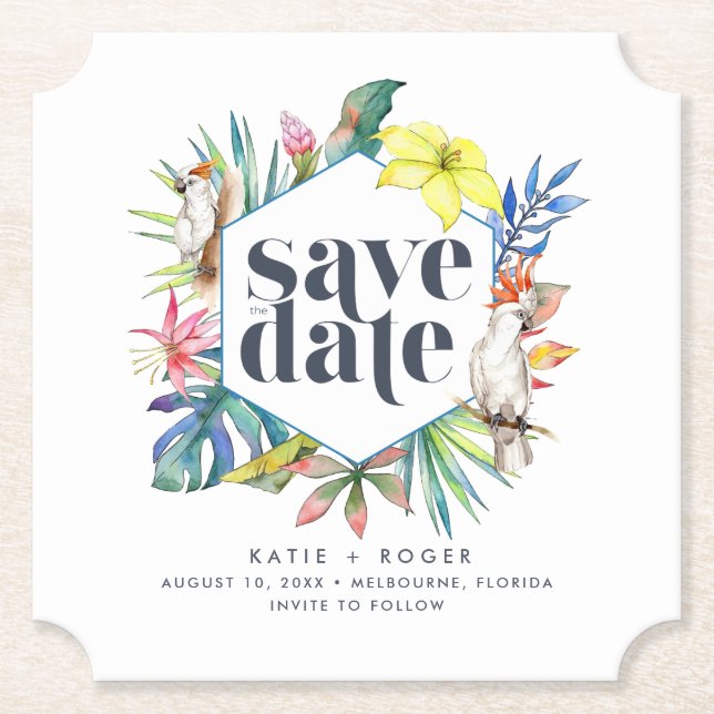 Tropical Floral Beach Wedding Save the Dates Paper Coaster (Front)
