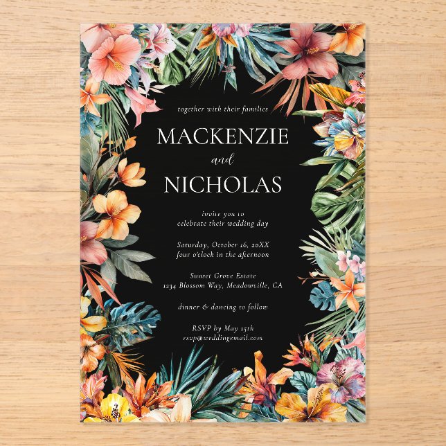 Tropical Floral Black Acrylic Wedding  Invitation (Front)