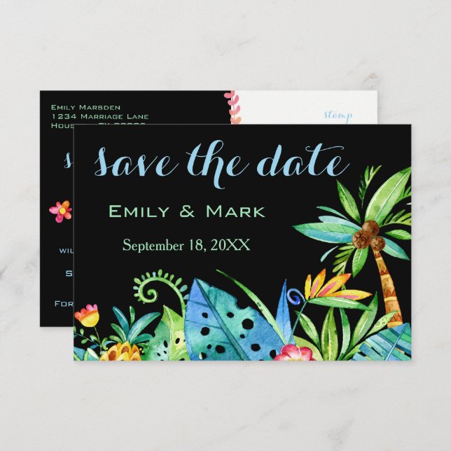 Tropical Floral Black Save The Date Invitation (Front/Back)