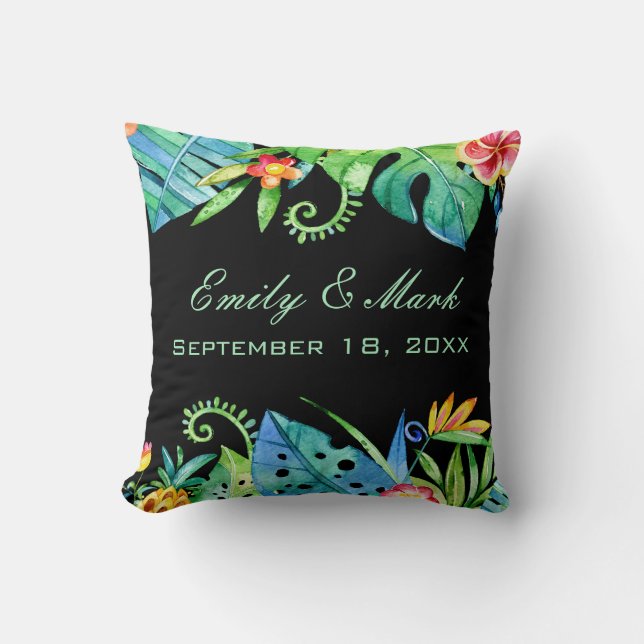 Tropical Floral Black Wedding Custom Cushion (Front)
