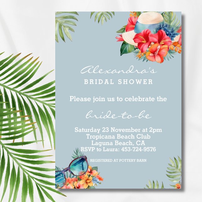 Tropical Floral Blue Beach Bridal Shower Invitation (Creator Uploaded)