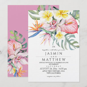 Tropical Floral Botanical Hot Pink Wedding Invitation