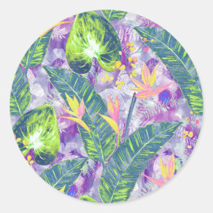 Tropical floral, Botanical, lilac, green, pink, Classic Round Sticker