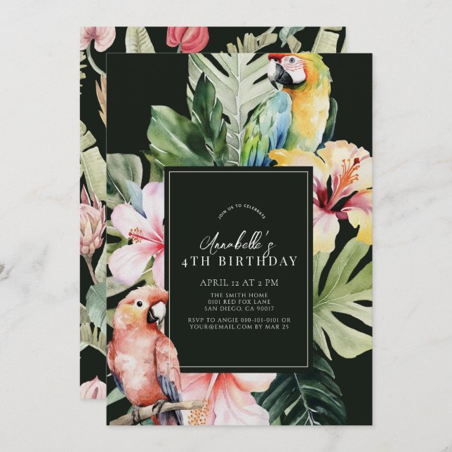 Tropical Floral & Botanical Parrot Kids Birthday Invitation (Front/Back)