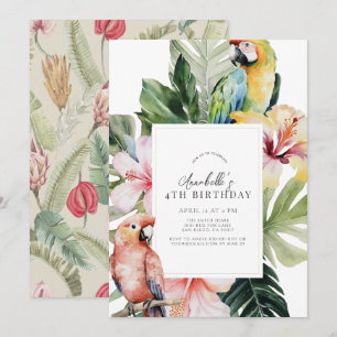 Tropical Floral Botanical Parrot Wht Kids Birthday Invitation