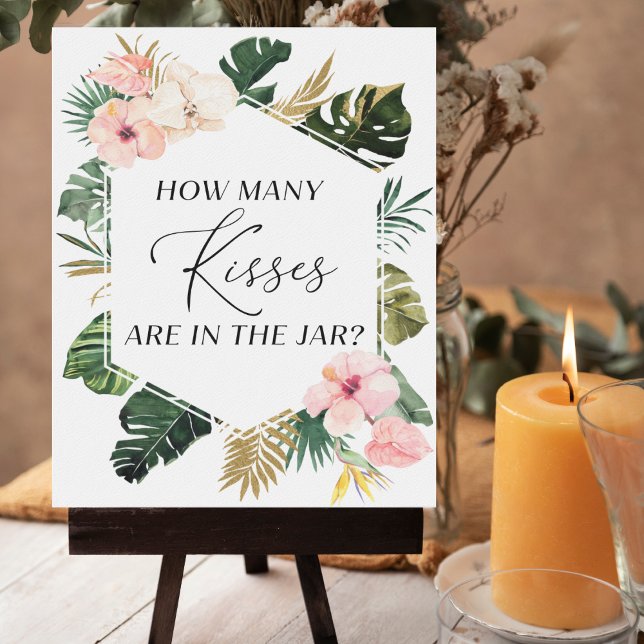 Tropical Floral Bridal Shower How Many Kisses Sign (Creator Uploaded)