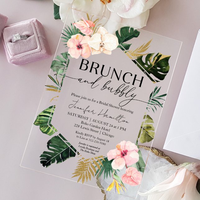 Tropical Floral Brunch and Bubbly Bridal Shower Acrylic Invitations (Creator Uploaded)