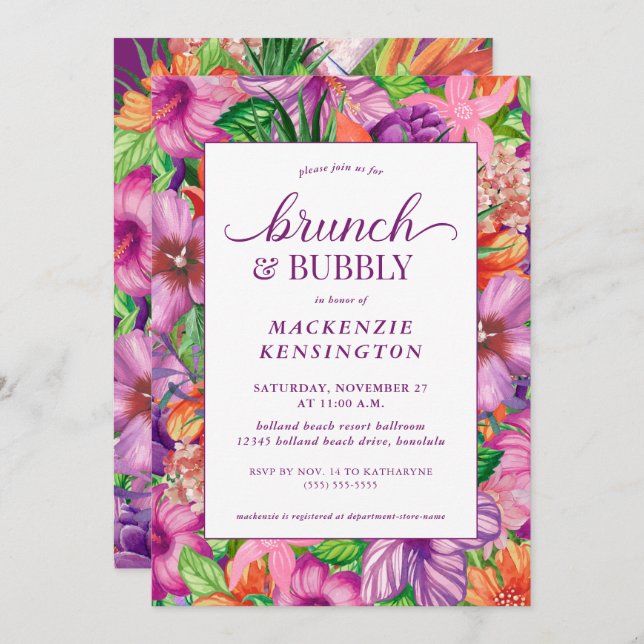 Tropical Floral Brunch Bubbly Bridal Shower Invitation (Front/Back)
