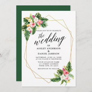 Tropical Floral Calligraphy Gold Frame Wedding Invitation