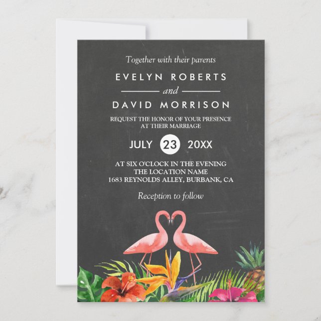 Tropical Floral Chalkboard Flamingo Formal Wedding Invitation (Front)