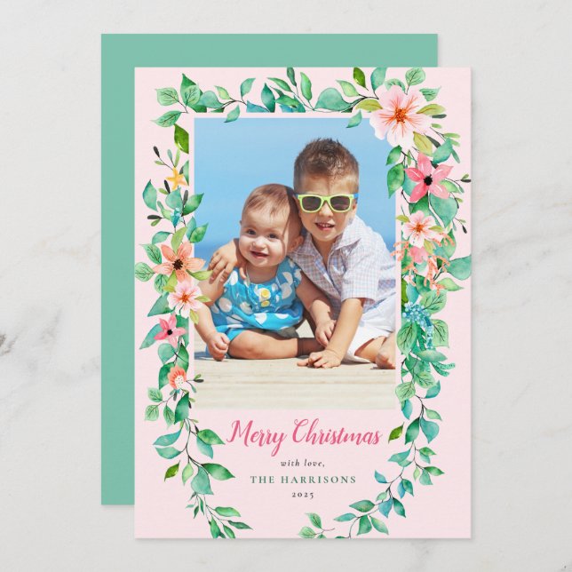 Tropical Floral Christmas Pink Photo Holiday Card (Front/Back)