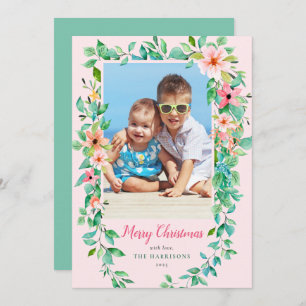 Tropical Floral Christmas Pink Photo Holiday Card