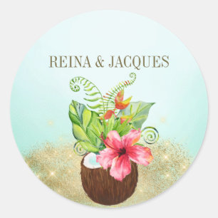 Tropical Floral Coconut Palm Wedding Seals Sticker
