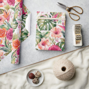 Tropical Floral Colourful Hibiscus & Greenery Wrapping Paper